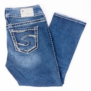 Silver Suki Mid Capri Fluid Denim Stretch Womens Jeans Faded Dark Wash Sz 28/22